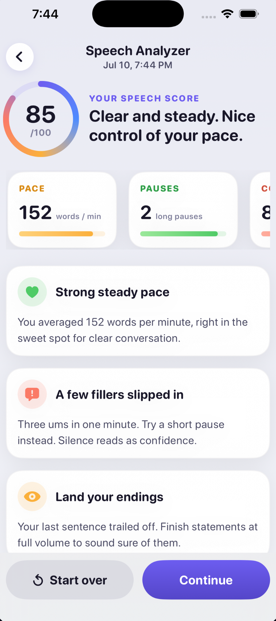 The ComposedAI speech analyzer showing a speech score with pace, pauses, and coaching