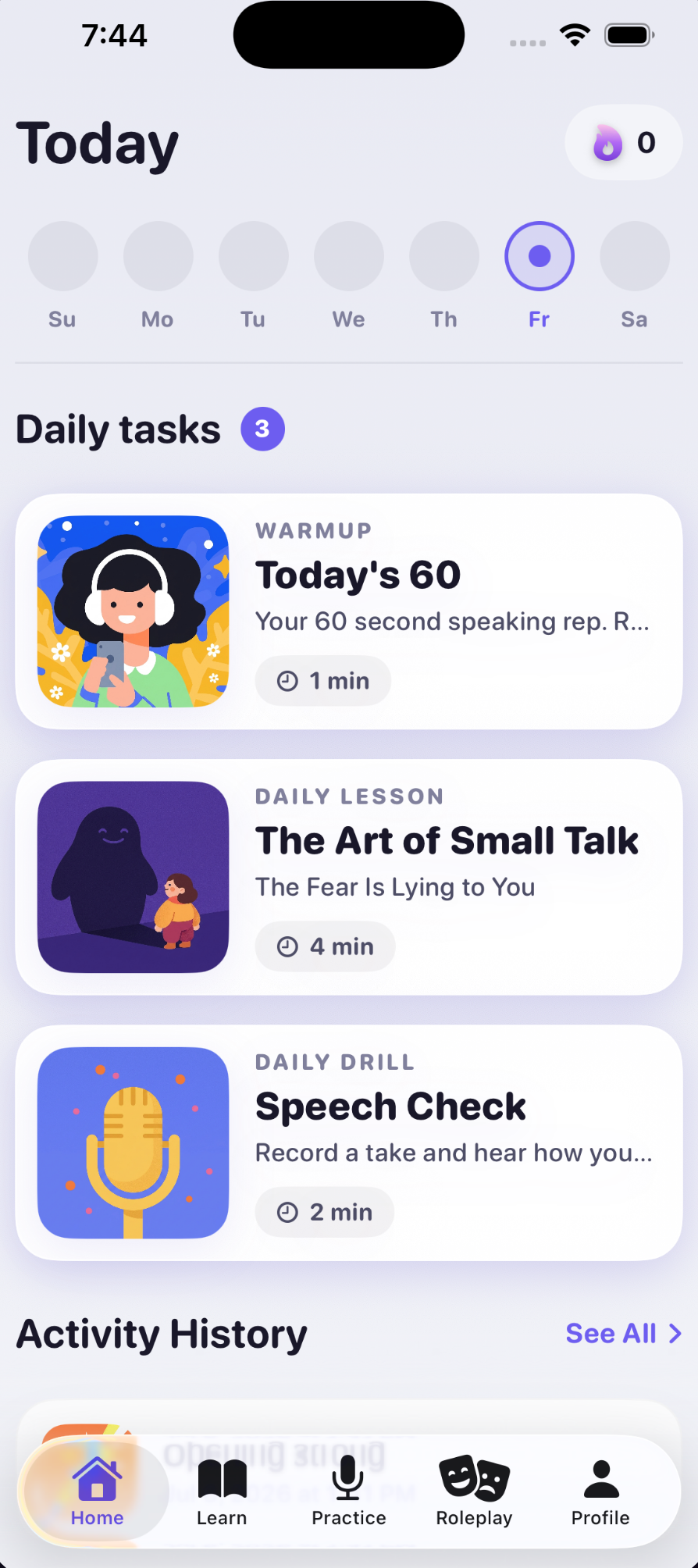 The ComposedAI home screen showing today's daily speaking tasks