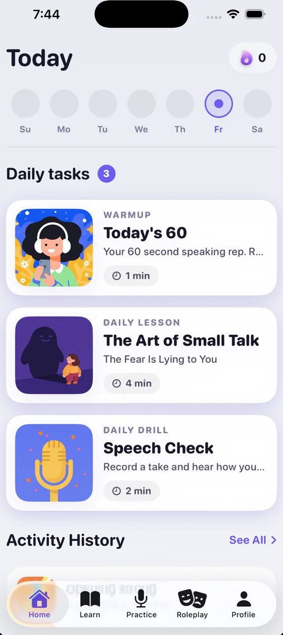 The ComposedAI home screen showing today's daily speaking tasks