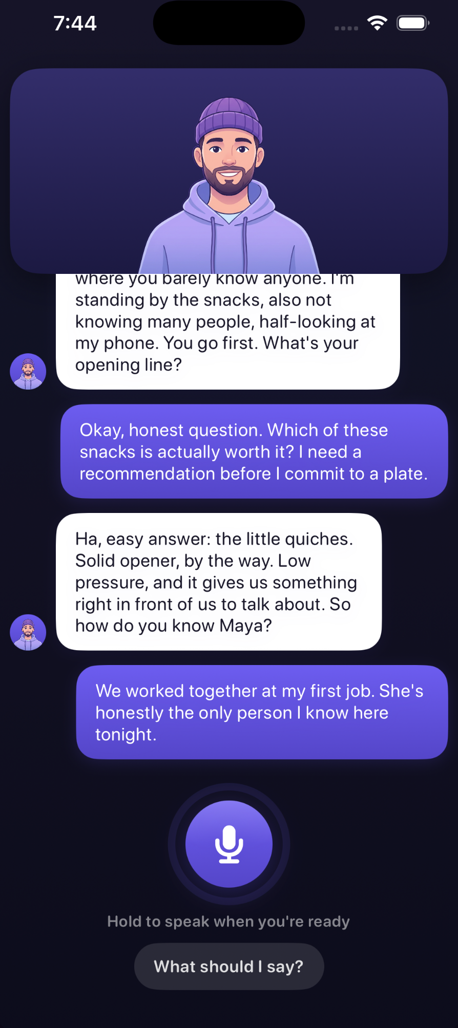 A ComposedAI roleplay chat where you practice party small talk with an AI partner