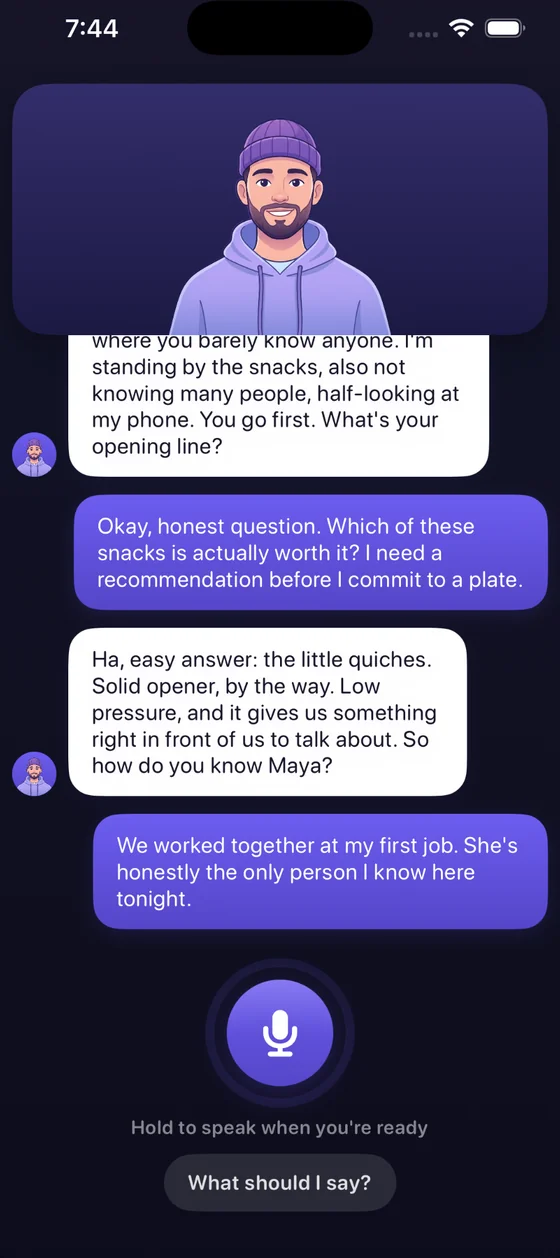 A ComposedAI roleplay chat where you practice party small talk with an AI partner